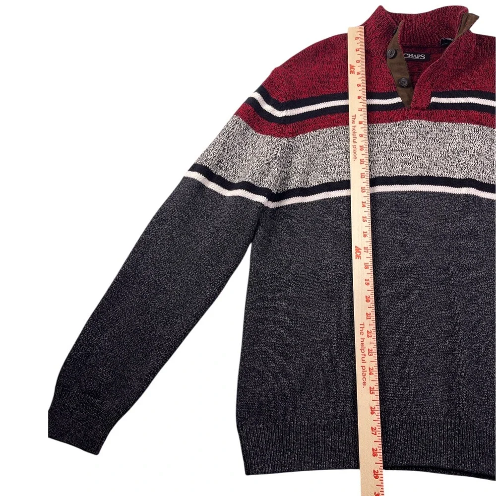 Chaps Men's Striped Button Mock‎ Neck Sweater Red Black White Cabin Core Large